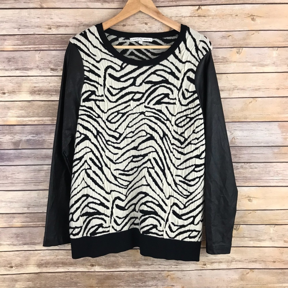 Search For Sanity Sweater Women S Black Zebra Print Pullover Faux Leather Sleeve